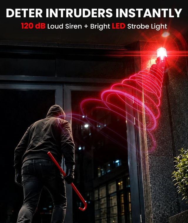 Alt view image 2 of 7 - Motion Sensor Security Alarm, PIR Human & Animal Detection Outdoor Warning Alarm, Plug-in Wall Mount Alarm with 120dB Adjustable Loud Siren & LED Red Strobe Light for Home Yard Farm Anti-Theft, AC110V