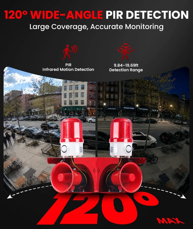 Alt view image 3 of 7 - Motion Sensor Security Alarm, PIR Human & Animal Detection Outdoor Warning Alarm, Plug-in Wall Mount Alarm with 120dB Adjustable Loud Siren & LED Red Strobe Light for Home Yard Farm Anti-Theft, AC110V
