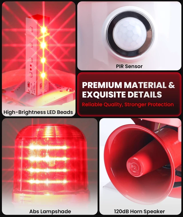 Alt view image 5 of 7 - Motion Sensor Security Alarm, PIR Human & Animal Detection Outdoor Warning Alarm, Plug-in Wall Mount Alarm with 120dB Adjustable Loud Siren & LED Red Strobe Light for Home Yard Farm Anti-Theft, AC110V
