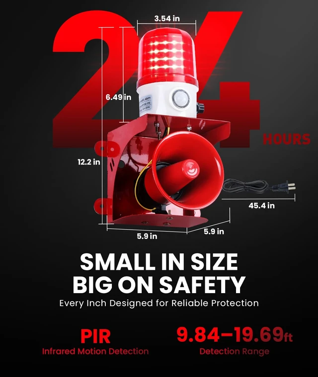 Alt view image 6 of 7 - Motion Sensor Security Alarm, PIR Human & Animal Detection Outdoor Warning Alarm, Plug-in Wall Mount Alarm with 120dB Adjustable Loud Siren & LED Red Strobe Light for Home Yard Farm Anti-Theft, AC110V