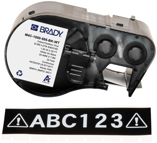 Main image of Authentic (M4C-1000-595-BK-WT) All-Weather Vinyl Labels 1 in W x 25ft White on Black. for use with BMP41, BMP51, M410, M510, and M511 Label Printers
