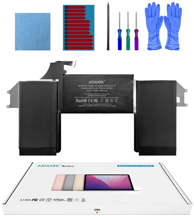Main image of Replacement Battery for MacBook Air A1932, 13-Inch, Late 2018-2019 A1965 battery model, 11.4V 4800mAh 55Wh, EMC 3184, up to 1000 cycles, tool kit, installation guide
