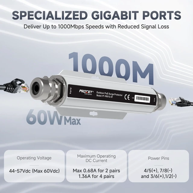Alt view image 4 of 7 - Ethernet Surge Protector Gigabit Outdoor 20KV Industrial Lightning Arrestor for -40°F to 149°F, IP67 rated, 60Wmax PoE++ RJ45, Gas Discharge TubeGDT, PT-PR01G-OT