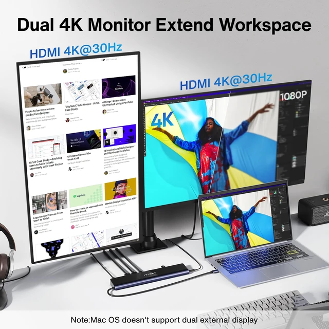 Alt view image 2 of 7 - USB C Laptop Docking Station with 100W Power Adapter, 12-in-1 85W PD Dock, Dual 4K HDMI Display Thunderbolt 3/4 Dock for Dell, HP, Lenovo, Asus,Surface, etc, USB 3.0 Ethernet, 2HDMI, SD/TF