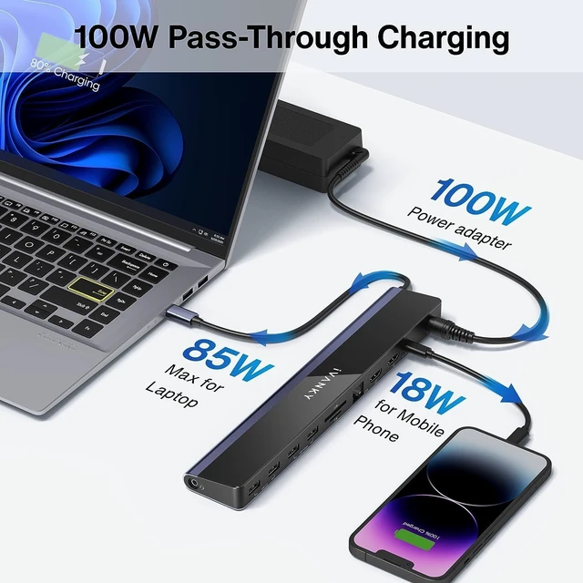 Alt view image 3 of 7 - USB C Laptop Docking Station with 100W Power Adapter, 12-in-1 85W PD Dock, Dual 4K HDMI Display Thunderbolt 3/4 Dock for Dell, HP, Lenovo, Asus,Surface, etc, USB 3.0 Ethernet, 2HDMI, SD/TF
