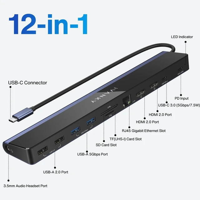 Alt view image 5 of 7 - USB C Laptop Docking Station with 100W Power Adapter, 12-in-1 85W PD Dock, Dual 4K HDMI Display Thunderbolt 3/4 Dock for Dell, HP, Lenovo, Asus,Surface, etc, USB 3.0 Ethernet, 2HDMI, SD/TF