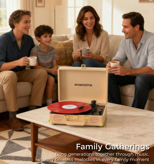 Alt view image 2 of 7 - Bluetooth Record Player, 3-Speed Portable Turntable, Gold 3-speed playback, Bluetooth, built-in stereo speakers, AUX-in, RCA output and headphone jack