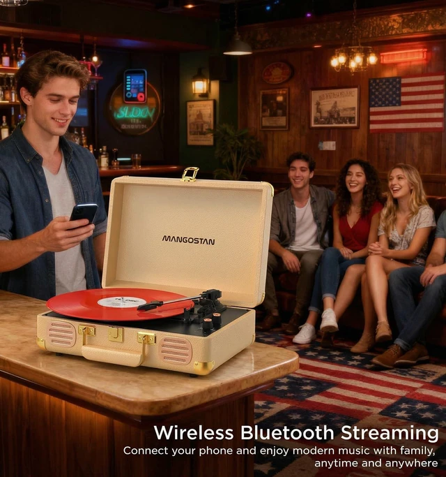 Alt view image 4 of 7 - Bluetooth Record Player, 3-Speed Portable Turntable, Gold 3-speed playback, Bluetooth, built-in stereo speakers, AUX-in, RCA output and headphone jack