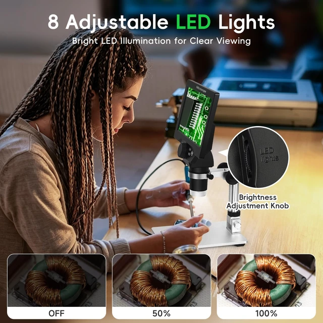 Alt view image 5 of 7 - 7" LCD Digital Microscope with 12MP 1080P Camera, 8 LED Lights & Metal Stand, Ultra-Precise Focus for Coins, Stamps, Soldering & PC View, 501200X Magnification