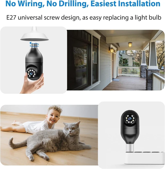 Alt view image 4 of 6 - 2K Light Bulb Camera Outdoor, 2.4/5GHz Wi-Fi 6 Security Cameras Wireless Outdoor, 360° PTZ Cameras for Home Security with Color Night Vision, AI Human Detection, 2 Way Talk, Easy Installation,2 Packs