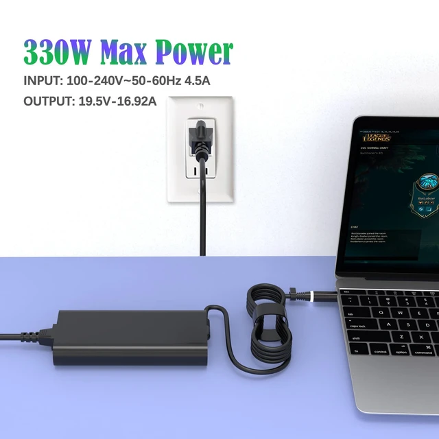 Alt view image 4 of 7 - 330W 19.5V 16.92A GaN AC Charger for Dell G16 7630 7620 G15 Alienwar X51 X17 R1 R2 M17 R3 R4 M18x R1 R2 R3 Area-51m R1 R2 ADP-330AB D DA330PM111 DA330PM190 LA330PM190 Laptop Power Supply Cord