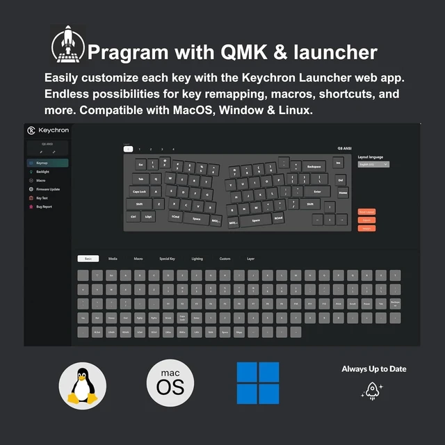 Alt view image 3 of 7 - Q8 Wired Custom Mechanical Keyboard with Knob, 65% Alice Layout QMK/VIA Programmable, Hot-swappable Gateron G Pro Blue Switch, Double Gasket Compatible with Mac Windows Linux (Black)