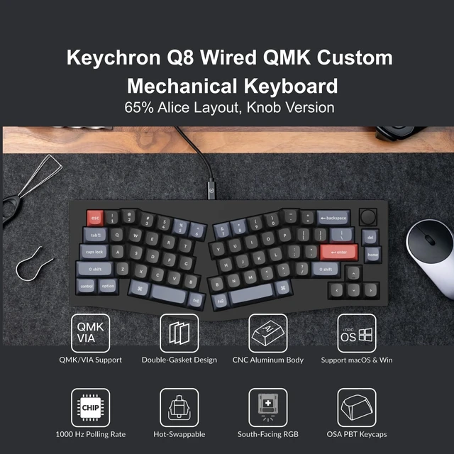 Alt view image 2 of 7 - Q8 Wired Custom Mechanical Keyboard with Knob, 65% Alice Layout QMK/VIA Programmable, Hot-swappable Gateron G Pro Blue Switch, Double Gasket Compatible with Mac Windows Linux (Black)