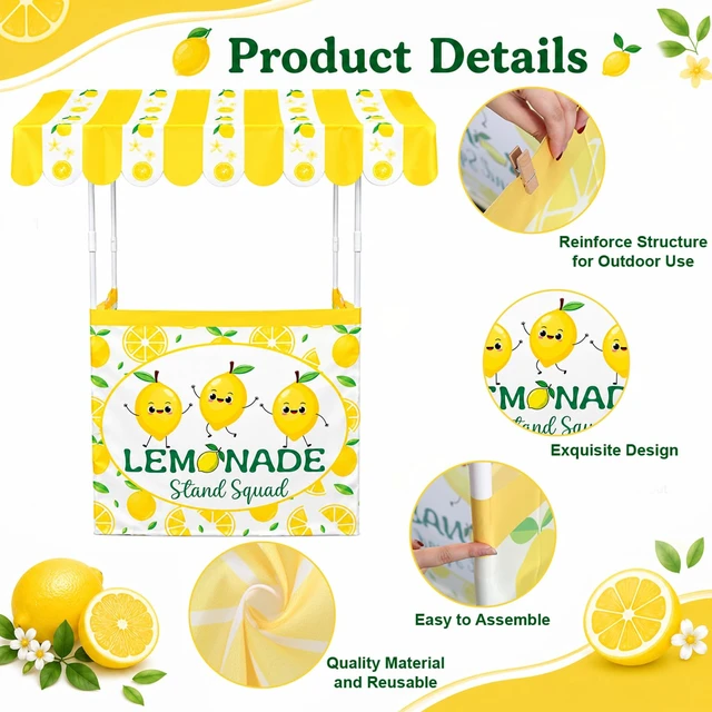 Alt view image 3 of 7 - Summer Lemonade Stand Kits Include Shelf Roof Awning Table Skirt Large Fresh Lemonade Stand Decoration for Outdoor Photo Prop Garden Holiday Picnic Lemon Themed Birthday Party Supplies(Without Table)