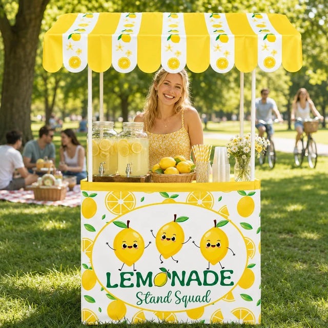 Alt view image 4 of 7 - Summer Lemonade Stand Kits Include Shelf Roof Awning Table Skirt Large Fresh Lemonade Stand Decoration for Outdoor Photo Prop Garden Holiday Picnic Lemon Themed Birthday Party Supplies(Without Table)