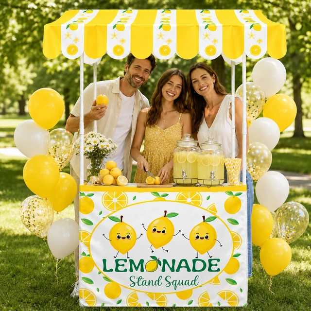 Alt view image 5 of 7 - Summer Lemonade Stand Kits Include Shelf Roof Awning Table Skirt Large Fresh Lemonade Stand Decoration for Outdoor Photo Prop Garden Holiday Picnic Lemon Themed Birthday Party Supplies(Without Table)