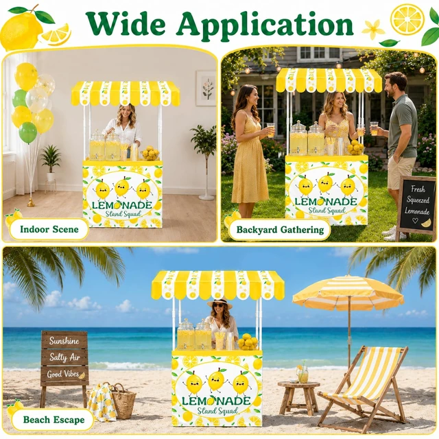 Alt view image 6 of 7 - Summer Lemonade Stand Kits Include Shelf Roof Awning Table Skirt Large Fresh Lemonade Stand Decoration for Outdoor Photo Prop Garden Holiday Picnic Lemon Themed Birthday Party Supplies(Without Table)