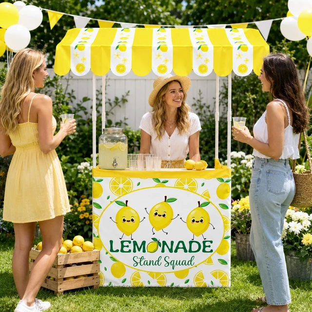 Alt view image 7 of 7 - Summer Lemonade Stand Kits Include Shelf Roof Awning Table Skirt Large Fresh Lemonade Stand Decoration for Outdoor Photo Prop Garden Holiday Picnic Lemon Themed Birthday Party Supplies(Without Table)