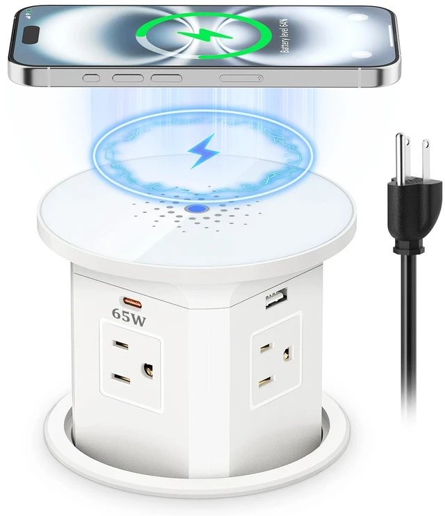 Main image of 65W USB-C Pop Up Outlet with 10W Wireless Charging, 4-Inch Cutout 9-in-1 Charging Hub, overload protection, 2 USB-C and 2 USB-A ports, 4 AC outlets, 10W wireless Charging, 6 ft 14AWG cord