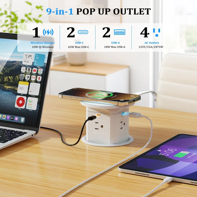 Alt view image 2 of 7 - 65W USB-C Pop Up Outlet with 10W Wireless Charging, 4-Inch Cutout 9-in-1 Charging Hub, overload protection, 2 USB-C and 2 USB-A ports, 4 AC outlets, 10W wireless Charging, 6 ft 14AWG cord