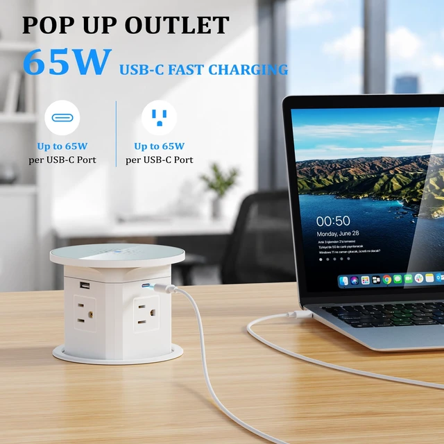 Alt view image 3 of 7 - 65W USB-C Pop Up Outlet with 10W Wireless Charging, 4-Inch Cutout 9-in-1 Charging Hub, overload protection, 2 USB-C and 2 USB-A ports, 4 AC outlets, 10W wireless Charging, 6 ft 14AWG cord