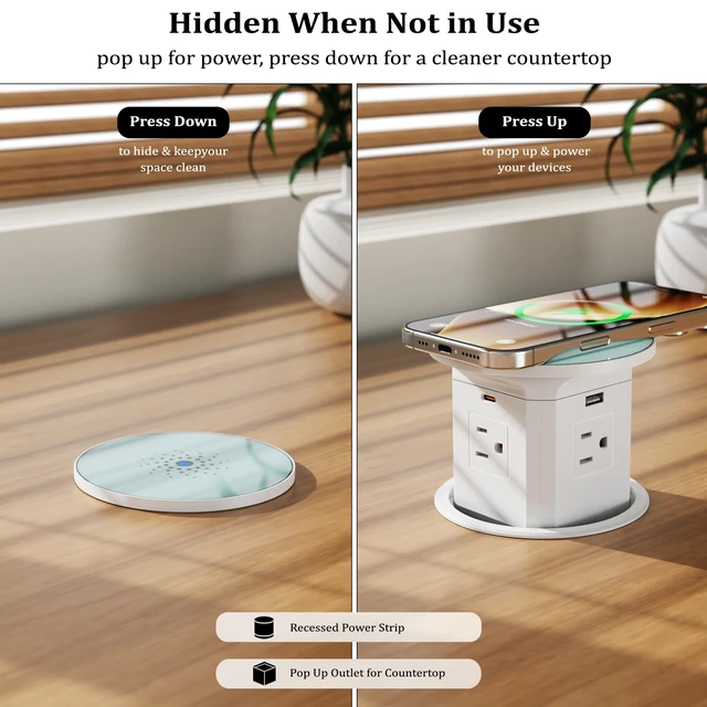 Alt view image 5 of 7 - 65W USB-C Pop Up Outlet with 10W Wireless Charging, 4-Inch Cutout 9-in-1 Charging Hub, overload protection, 2 USB-C and 2 USB-A ports, 4 AC outlets, 10W wireless Charging, 6 ft 14AWG cord