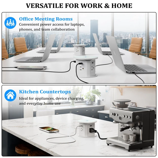 Alt view image 6 of 7 - 65W USB-C Pop Up Outlet with 10W Wireless Charging, 4-Inch Cutout 9-in-1 Charging Hub, overload protection, 2 USB-C and 2 USB-A ports, 4 AC outlets, 10W wireless Charging, 6 ft 14AWG cord