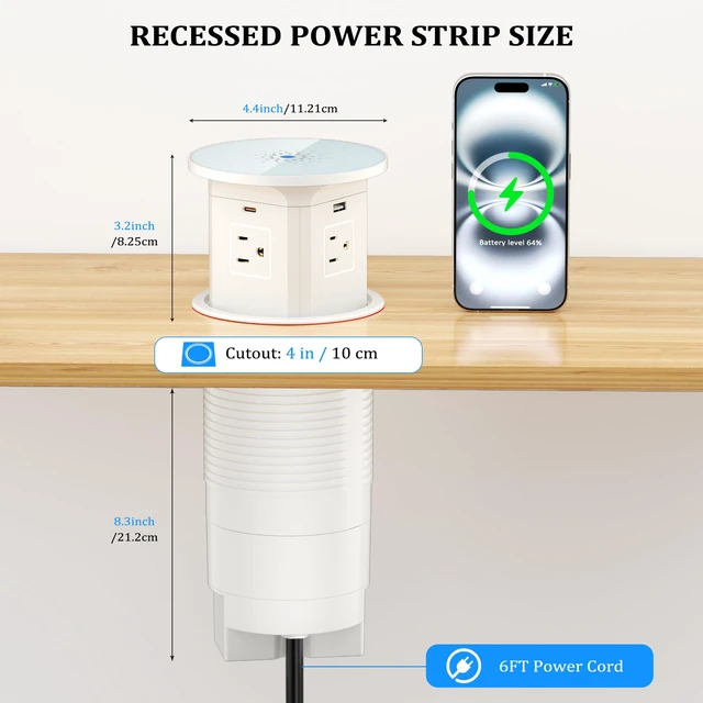 Alt view image 7 of 7 - 65W USB-C Pop Up Outlet with 10W Wireless Charging, 4-Inch Cutout 9-in-1 Charging Hub, overload protection, 2 USB-C and 2 USB-A ports, 4 AC outlets, 10W wireless Charging, 6 ft 14AWG cord