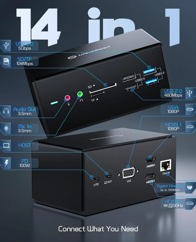 Alt view image 5 of 7 - DisplayLink Docking Station,14 in 1 Laptop USB C Docking Station Triple Monitors, Universal for MacBook and Windows,USB C Dock with USB-A & Cable, 2HDMI, VGA, 4USB-A