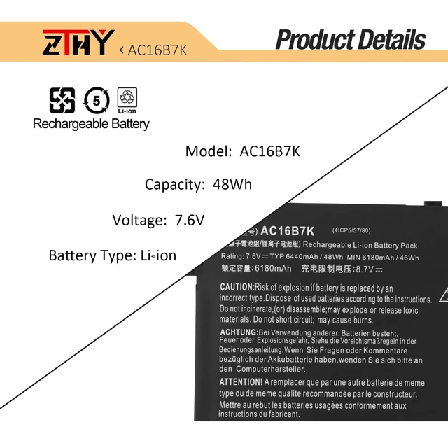 Alt view image 3 of 7 - AC16B7K AC16B8K Laptop Battery Replacement for Acer Aspire V5-572 V5-573 Chromebook 15 CB515-1H CB515-1HT CB515-1H-C019 CB515-1H-C1VS CB515-1H-C3MD CB515-1HT-P6W6 CB515-1HT-P5K9 CB515-1HT-P73H 48Wh