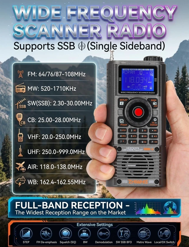 Alt view image 2 of 7 - A330 SSB Shortwave Radio Receiver, Portable Wide Frequency Scanner Full-Band FM/MW/SW/AIR/CB/WB/VHF/UHF HAM, Antenna Port, Alert, Bluetooth&TF Card, APP Control, 1400Presets, RecordingZWS-A330
