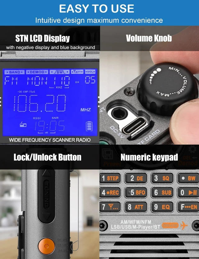 Alt view image 7 of 7 - A330 SSB Shortwave Radio Receiver, Portable Wide Frequency Scanner Full-Band FM/MW/SW/AIR/CB/WB/VHF/UHF HAM, Antenna Port, Alert, Bluetooth&TF Card, APP Control, 1400Presets, RecordingZWS-A330