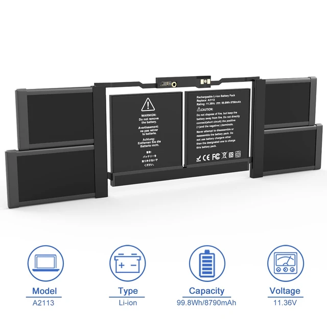 Alt view image 2 of 6 - A2113 A2141 Battery Compatible with MacBook Pro 16 A2141 2019 2020 11.36V 99.8Wh 8790mAh EMC 3347 MVVJ2xx/A,MVVK2xx/A,MVVL2xx/A,MVVM2xx/A