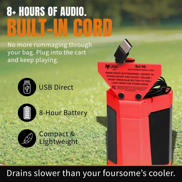 Alt view image 4 of 7 - DJ-10 Golf Cart Bluetooth Speaker Wireless Magnetic Golf Speaker with Secure Mount Loud, Weatherproof Sound with Retro Volume Knob & Built-in Charging (Red)