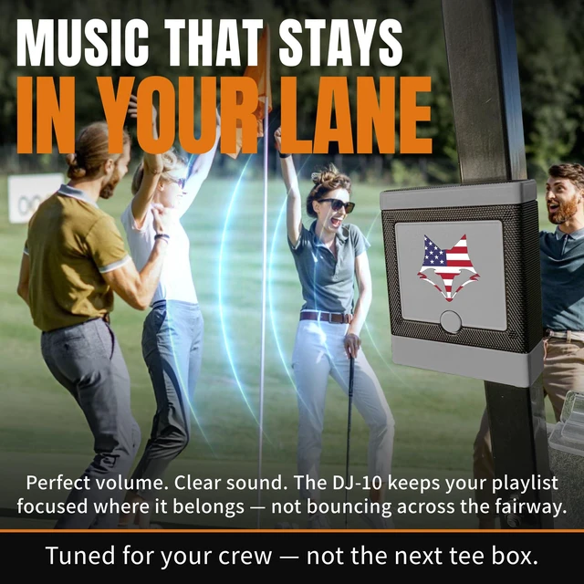 Alt view image 3 of 7 - DJ-10 Golf Cart Bluetooth Speaker Wireless Magnetic Golf Speaker with Secure Mount Loud, Weatherproof Sound with Retro Volume Knob & Built-in Charging (Gray w/US Flag)
