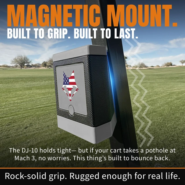 Alt view image 5 of 7 - DJ-10 Golf Cart Bluetooth Speaker Wireless Magnetic Golf Speaker with Secure Mount Loud, Weatherproof Sound with Retro Volume Knob & Built-in Charging (Gray w/US Flag)