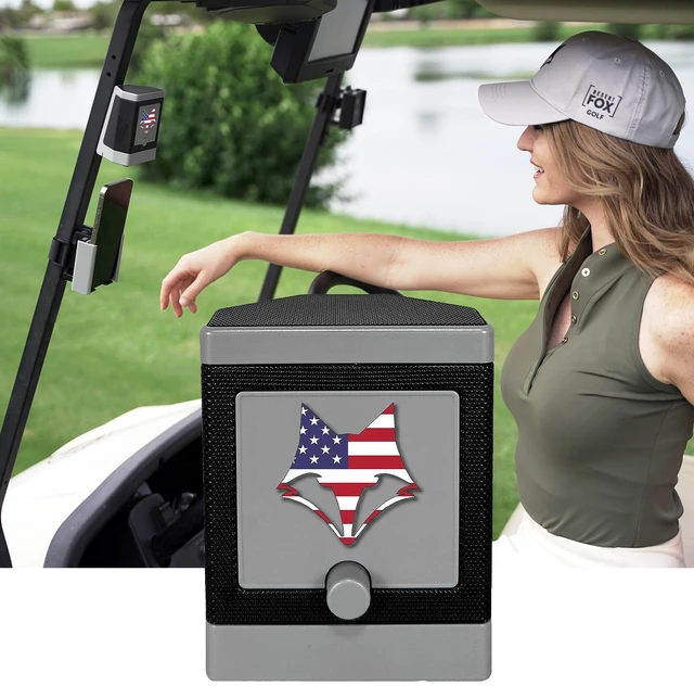 Main image of DJ-10 Golf Cart Bluetooth Speaker Wireless Magnetic Golf Speaker with Secure Mount Loud, Weatherproof Sound with Retro Volume Knob & Built-in Charging (Gray w/US Flag)