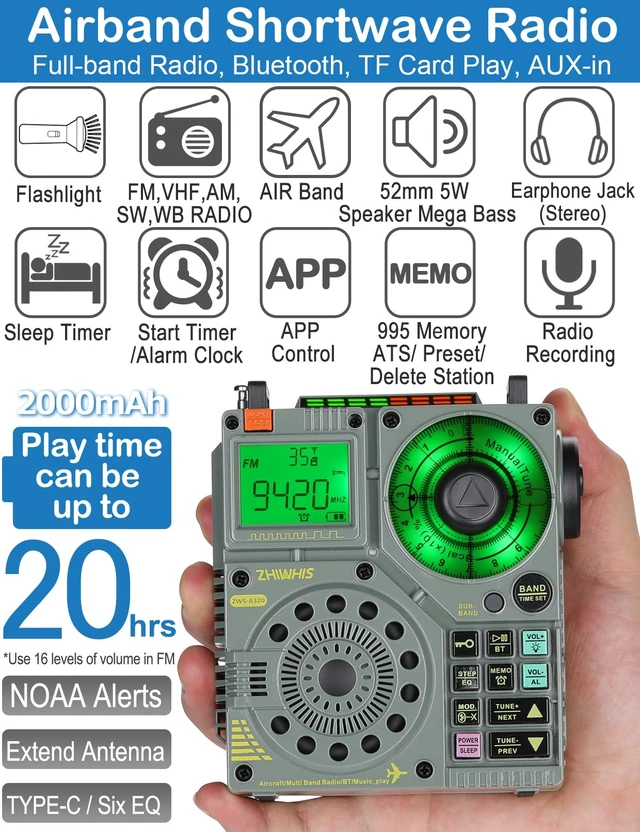 Alt view image 2 of 7 - Shortwave Radio with Bluetooth and APP Control, AIR AM FM VHF SW WB Portable Receiver, Super Bass/5 Types of Light Effects/6 EQ/Recording Rechargeable Stereo Emergency Radios Player ZWS-A320