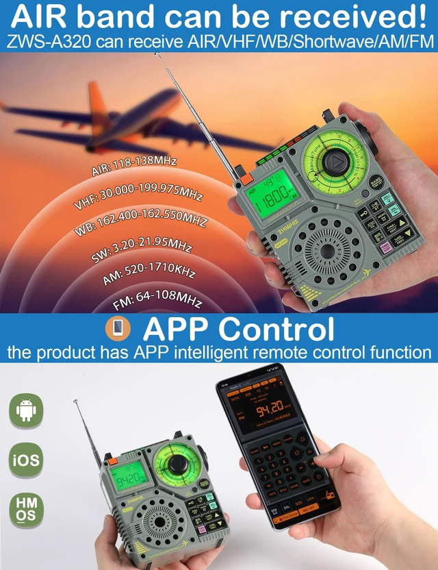 Alt view image 3 of 7 - Shortwave Radio with Bluetooth and APP Control, AIR AM FM VHF SW WB Portable Receiver, Super Bass/5 Types of Light Effects/6 EQ/Recording Rechargeable Stereo Emergency Radios Player ZWS-A320