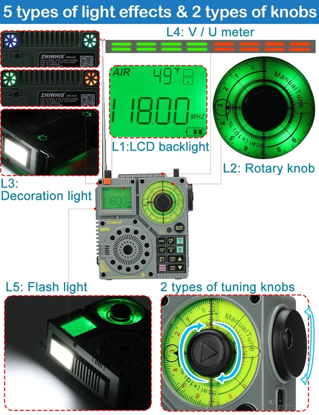 Alt view image 4 of 7 - Shortwave Radio with Bluetooth and APP Control, AIR AM FM VHF SW WB Portable Receiver, Super Bass/5 Types of Light Effects/6 EQ/Recording Rechargeable Stereo Emergency Radios Player ZWS-A320