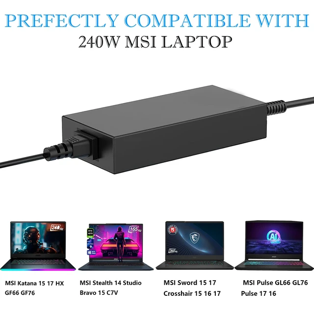 Alt view image 2 of 7 - 240W AC Adapter Compatible with Chicony A20-240P2A MSI Katana 15 17 HX B13V B13VGK B13VFK B13VEK B12V B12VGK B12VEK B12VFK B14W B14WGK /MSI GF66 GF76 /Pulse 15 17 B13V Gaming Laptop Charger 4.5*3.0 mm