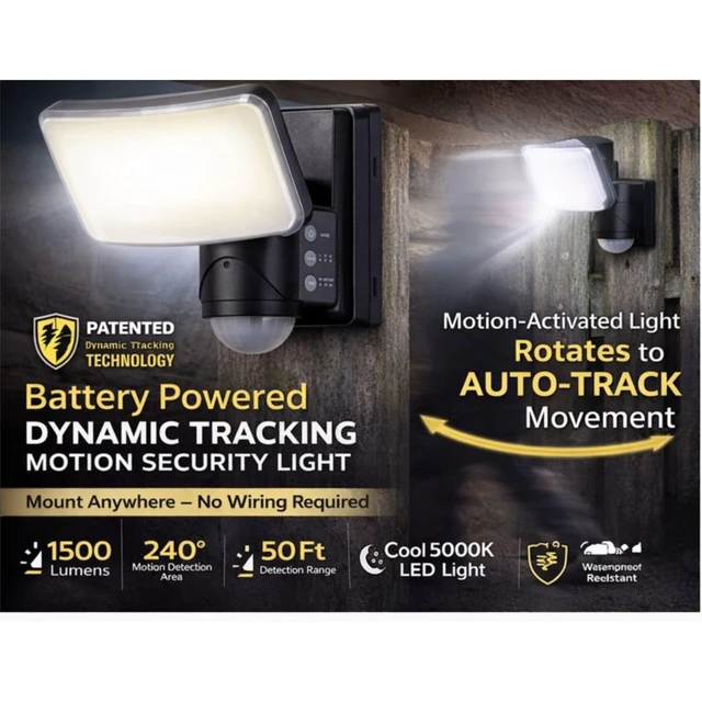 Alt view image 4 of 7 - Dynamic Tracking Battery Powered Motion Security Light, 1500 Lumens LED, 240° Sensor, Black, 50 ft Range