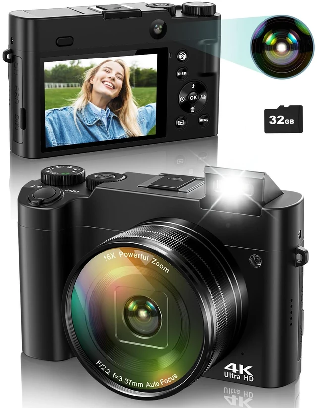 Main image of 4K Digital Camera for Photography, 64MP Autofocus Vlogging Camera for YouTube with Selfie Lens, Compact Travel Video Camera with Flash, 16X Zoom, Anti-Shake, 32GB Card, 2 Batteries(Black)