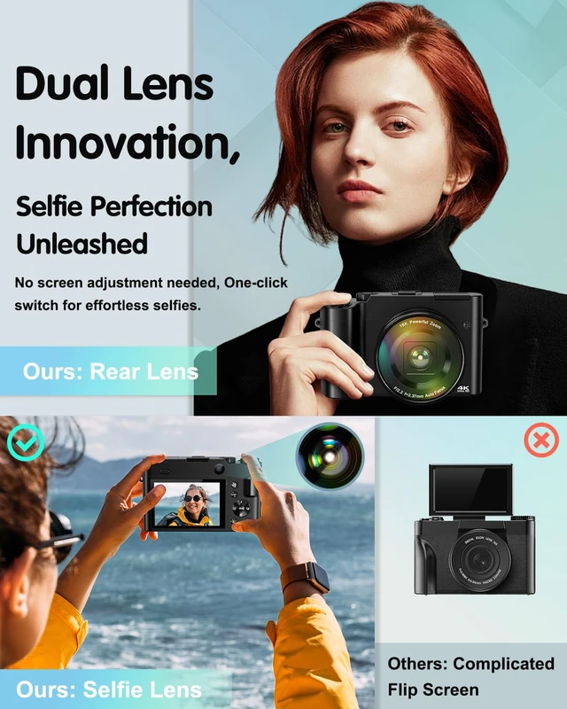 Alt view image 2 of 7 - 4K Digital Camera for Photography, 64MP Autofocus Vlogging Camera for YouTube with Selfie Lens, Compact Travel Video Camera with Flash, 16X Zoom, Anti-Shake, 32GB Card, 2 Batteries(Black)