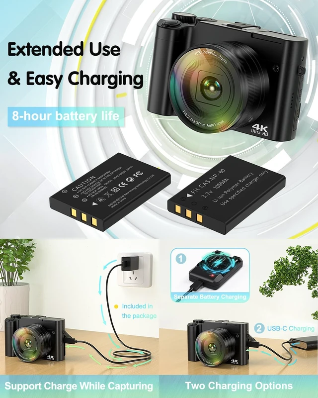 Alt view image 5 of 7 - 4K Digital Camera for Photography, 64MP Autofocus Vlogging Camera for YouTube with Selfie Lens, Compact Travel Video Camera with Flash, 16X Zoom, Anti-Shake, 32GB Card, 2 Batteries(Black)
