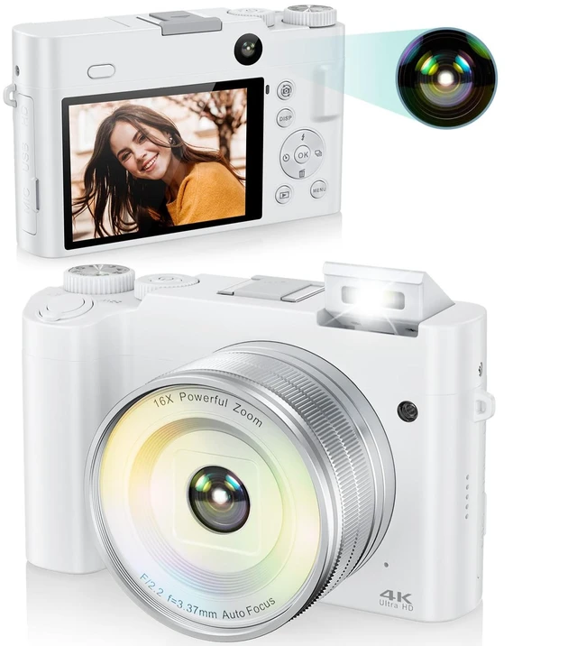 Main image of 4K Digital Camera for Photography, 64MP Autofocus Vlogging Camera for YouTube with Selfie Lens, Compact Travel Video Camera with Flash, 16X Zoom, Anti-Shake, 32GB Card, 2 Batteries(White)