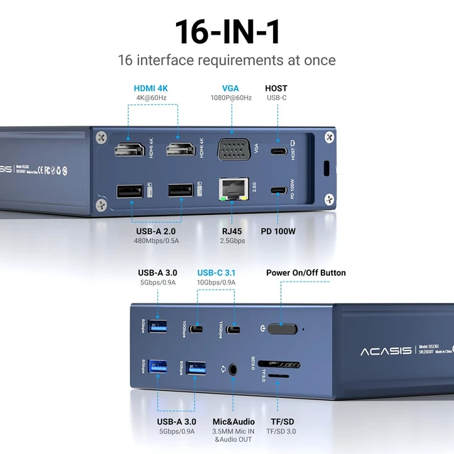 Alt view image 2 of 7 - USB C Docking Station Dual Monitor, 16-in-1 Laptpop Docking Station with 2* HDMI,VGA,2.5G Ethernet,SD/TF,10Gbps USB-C 3.1,3.5mm Audio,PD100W,USBC Hub for Dell/Lenovo/HP/ThinkPad (Gray)