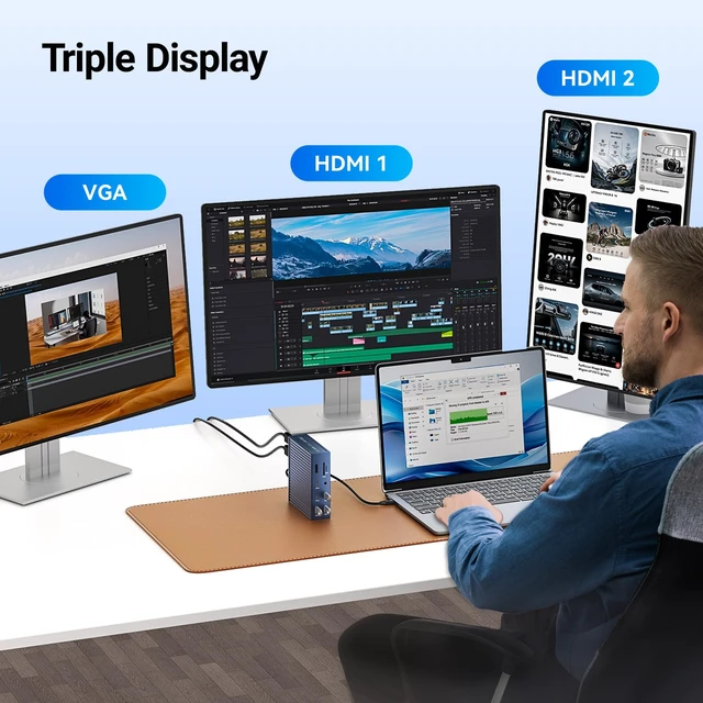 Alt view image 7 of 7 - USB C Docking Station Dual Monitor, 16-in-1 Laptpop Docking Station with 2* HDMI,VGA,2.5G Ethernet,SD/TF,10Gbps USB-C 3.1,3.5mm Audio,PD100W,USBC Hub for Dell/Lenovo/HP/ThinkPad (Gray)