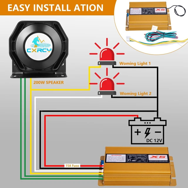 Alt view image 4 of 7 - 12V 200W Police Siren PA System, Wireless Mic, 18 Tones, 120-130dB Fits car, ambulance, fire truck, SUV, ATV, UTV. Slim, easy install. Multifunctional wireless controller
