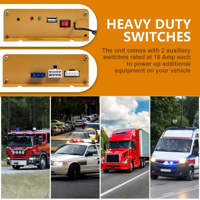Alt view image 6 of 7 - 12V 200W Police Siren PA System, Wireless Mic, 18 Tones, 120-130dB Fits car, ambulance, fire truck, SUV, ATV, UTV. Slim, easy install. Multifunctional wireless controller